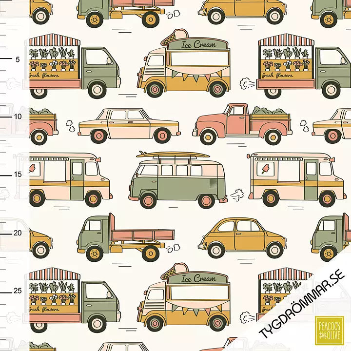 Tygdrommar Jersey - Pastel Cars BY THE HALF YARD