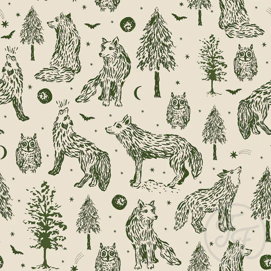 Family Fabrics | Wolves Busy Creamy Green (6"x6") | 101-271 (by the full yard)