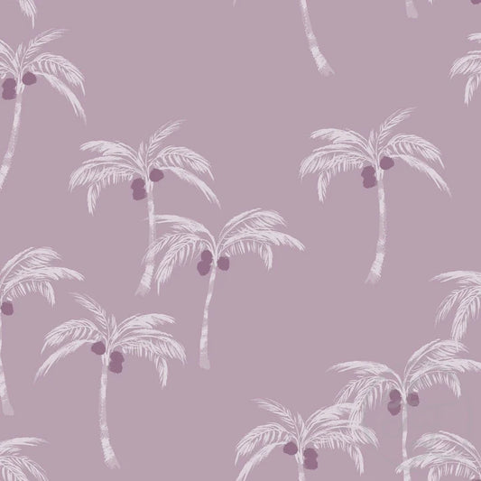 (IN STOCK) Family Fabrics | Palm Tree & Coconut Purple *see scale pic 100-1646 | Jersey 180gsm BY THE HALF YARD