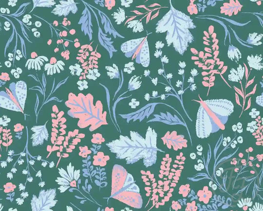 (IN STOCK) Family Fabrics | Autumn Meadow Teal Blue 100-2244 | French Terry 230gsm BY THE HALF YARD