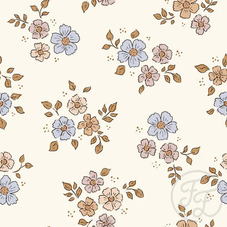 Family Fabrics | Boo Flower Dusty Blue Pink Salmon | 101-279 (by the full yard)