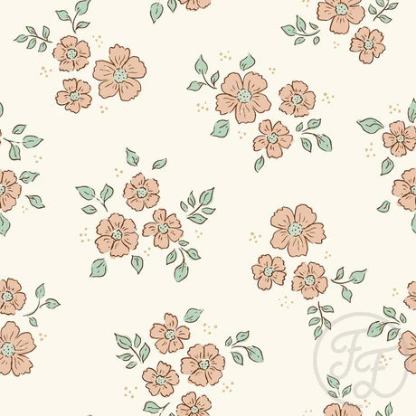 Family Fabrics | Boo Flower Green & Salmon | 101-283 (by the full yard)