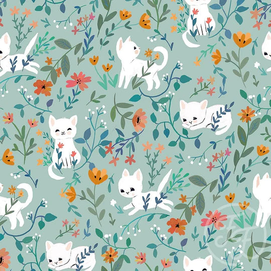 (IN STOCK) Family Fabrics | Garden Cats Mint 104-111 | Jersey 180gsm BY THE HALF YARD