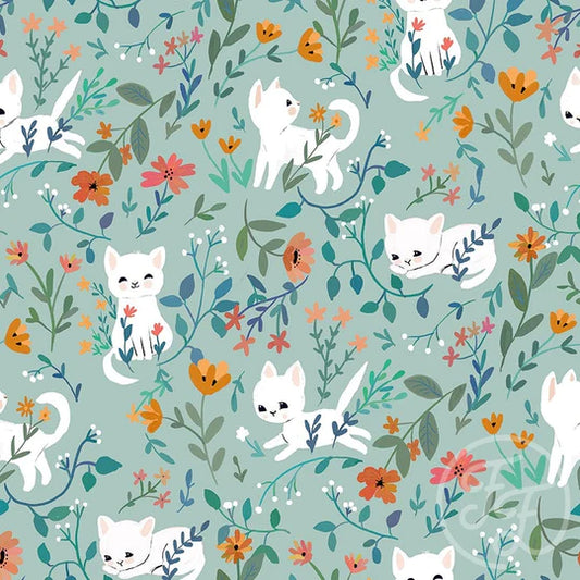 (IN STOCK) Family Fabrics | Garden Cats Mint 104-111 | French Terry 230gsm BY THE HALF YARD