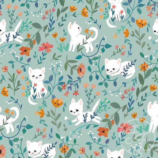 (IN STOCK) Family Fabrics | Garden Cats Mint 104-111 | Jersey 220gsm BY THE HALF YARD