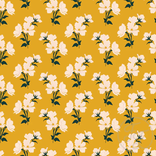 (IN STOCK) Family Fabrics | Cozy Flower Fall in Bee Yellow 106-235 | Jersey 180gsm BY THE HALF YARD