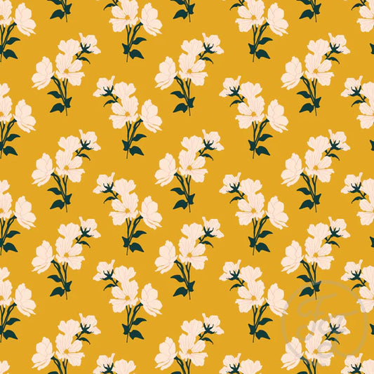 (IN STOCK) Family Fabrics | Cozy Flower Fall in Bee Yellow 106-235 | Jersey 180gsm BY THE HALF YARD