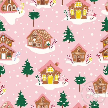 (IN STOCK) Family Fabrics | Gingerbread Houses in Light Rose LARGE SCALE (16"x16" shown)106-697 | Jersey 180gsm BY THE HALF YARD