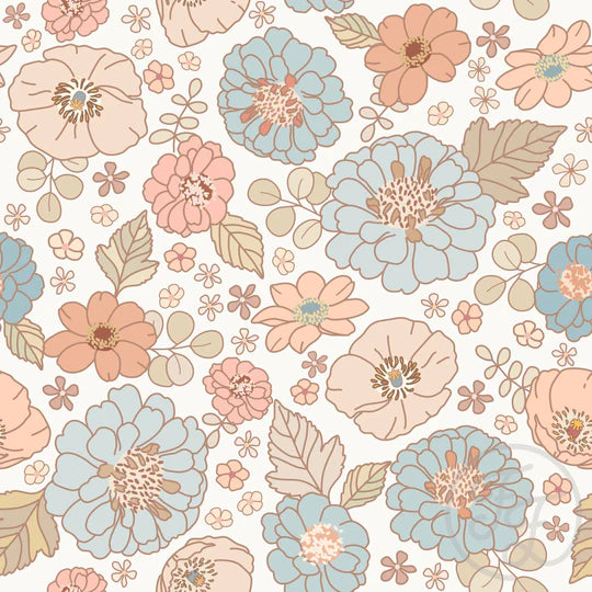 (IN STOCK) Family Fabrics | Floral Lana Blue Peach 111-136 | Jersey 220gsm BY THE HALF YARD