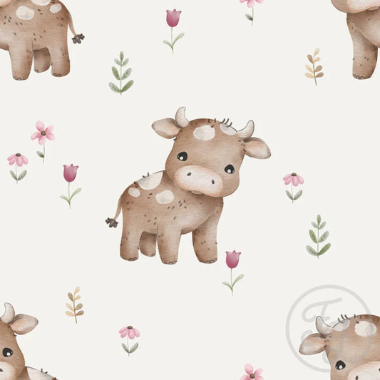 (IN STOCK) Family Fabrics | Brown Cow Offwhite 111-146 (5x5" section shown) | Jersey 220gsm BY THE HALF YARD