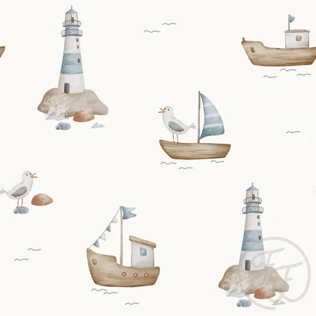 Family Fabrics | Boats Lighthouse Offwhite | 111-153 (by the full yard)