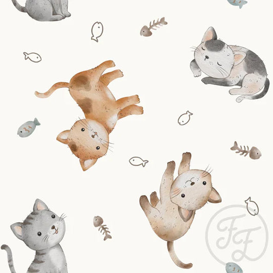 (IN STOCK) Family Fabrics | Cats Offwhite 111-157 (6x6" section shown) | Jersey 220gsm BY THE HALF YARD