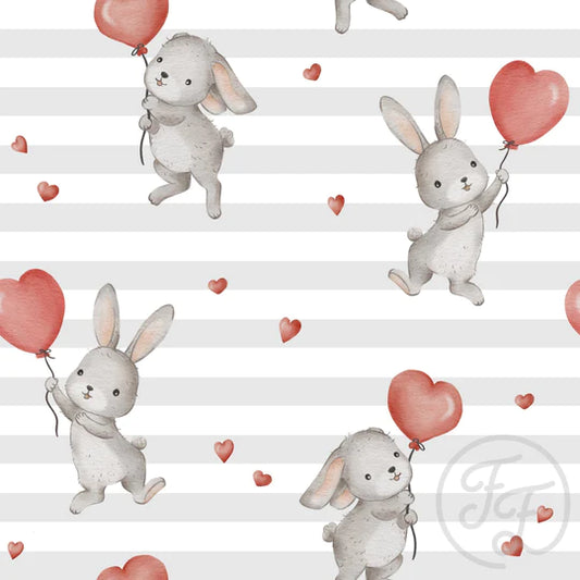 (IN STOCK) Family Fabrics | Bunnies Hearts Grey Stripes 111-158 | Jersey 220gsm BY THE HALF YARD