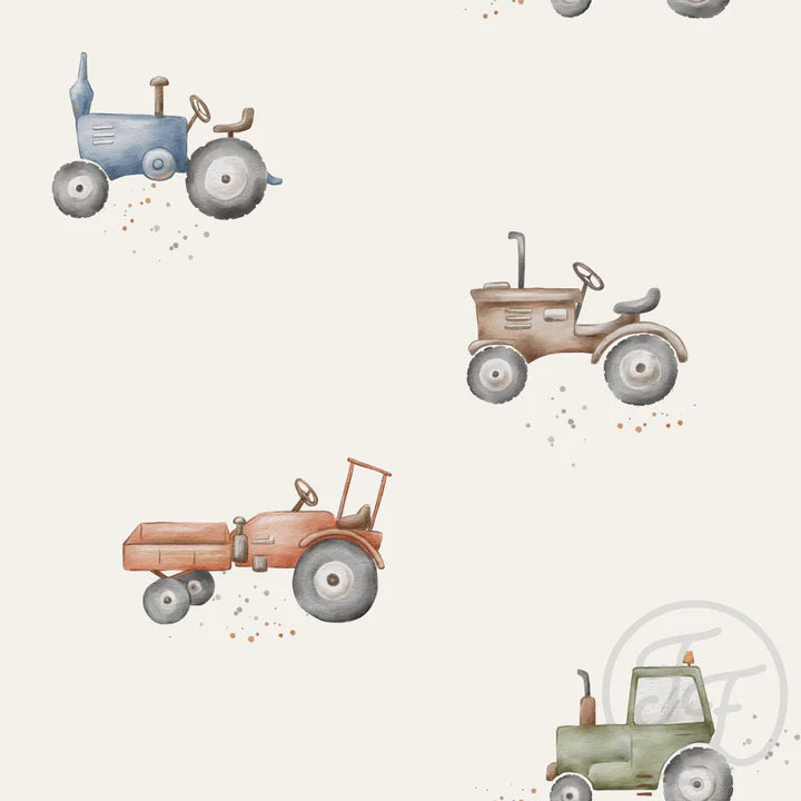 (IN STOCK) Family Fabrics | Vintage Tractors Cream 111-160 | Jersey 220gsm BY THE HALF YARD