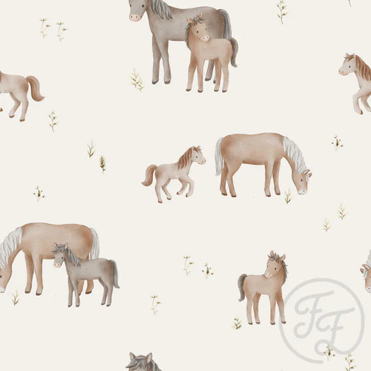 (IN STOCK) Family Fabrics | Horses Cream 111-164 | Jersey 180gsm BY THE HALF YARD