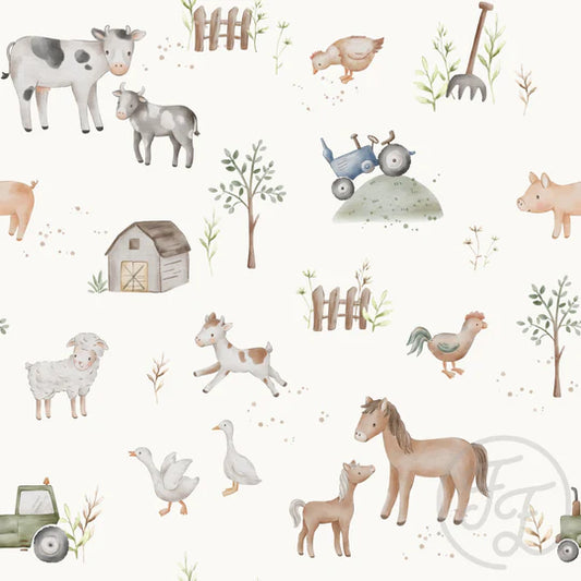 (IN STOCK) Family Fabrics | On the Farm Cream 111-165 | Jersey 180gsm BY THE HALF YARD
