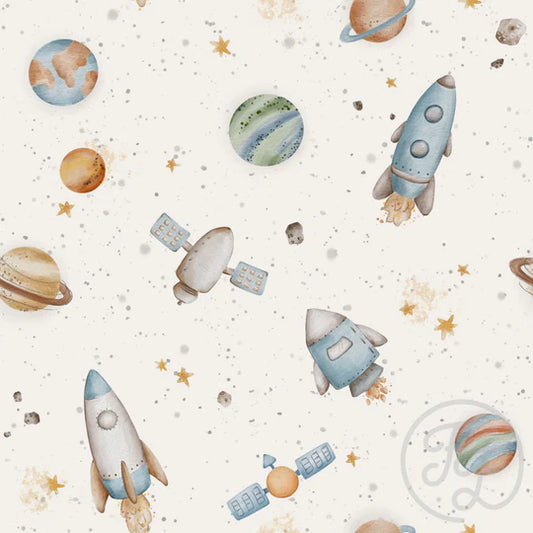 (IN STOCK) Family Fabrics | Spaceships Cream 111-167 | Jersey 180gsm BY THE HALF YARD