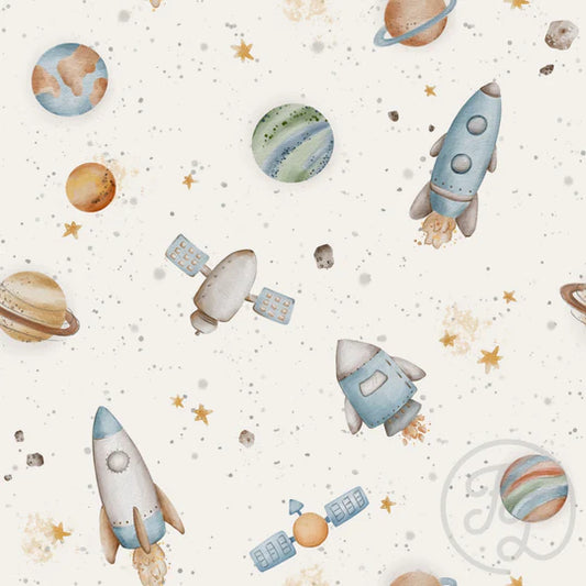 (IN STOCK) Family Fabrics | Spaceships Cream (6x6" shown) 111-167 | Jersey 180gsm BY THE HALF YARD