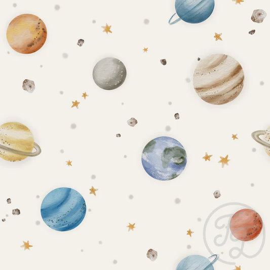 (IN STOCK) Family Fabrics | Planets Cream (6x6" shown) 111-168 | Jersey 180gsm BY THE HALF YARD