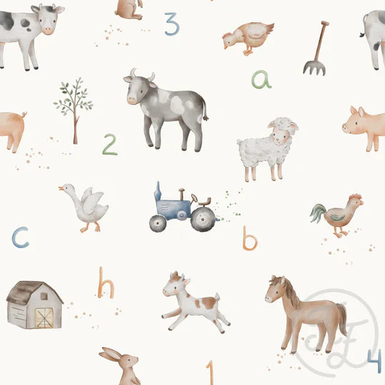 Family Fabrics | ABC Farm Animals Offwhite | 111-175 (by the full yard)