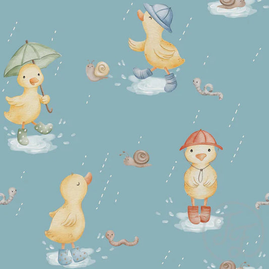 (IN STOCK) Family Fabrics | Ducks in Rain (5x5" shown) 111-185 | Jersey 180gsm BY THE HALF YARD