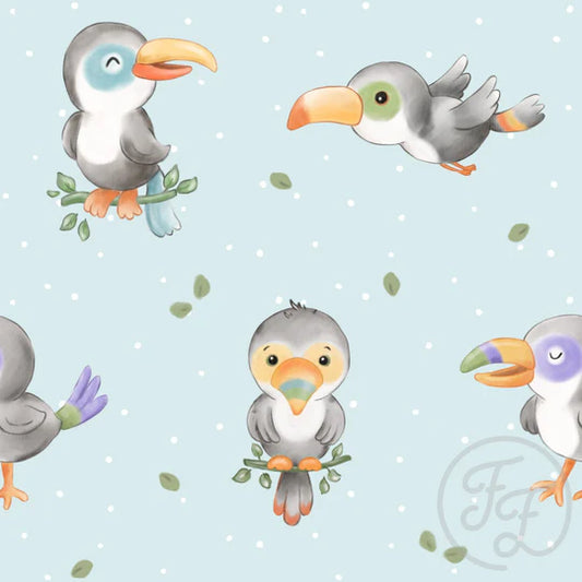 (IN STOCK) Family Fabrics | Toucans Sky (4.5"x4.5" shown) 111-188 | Jersey 180gsm BY THE HALF YARD