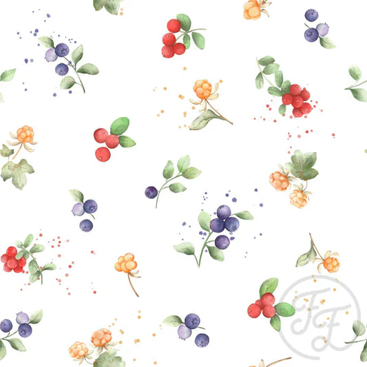 (IN STOCK) Family Fabrics | Nordic Berries White (6x6" shown) 111-190  | Jersey 180gsm BY THE HALF YARD