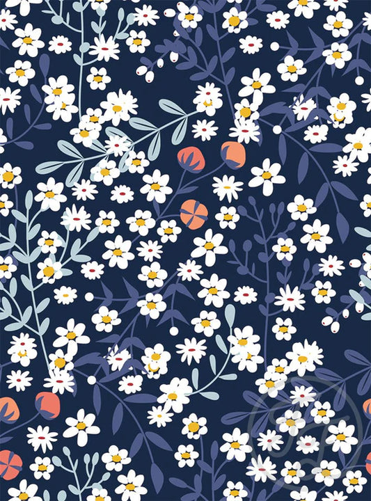 (IN STOCK) Family Fabrics | Daisies Night 114-105 (2.4"x3.1" section shown) | Jersey 180gsm BY THE HALF YARD