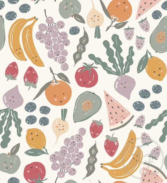 (IN STOCK) Family Fabrics | Happy Fruit Dusty Multi 116-101 | Jersey 180gsm BY THE HALF YARD