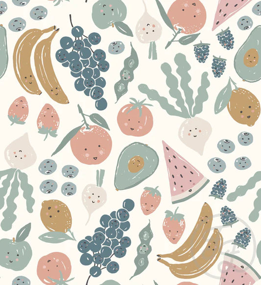 (IN STOCK) Family Fabrics | Happy Fruit Dusty Blue 116-102 | Jersey 180gsm BY THE HALF YARD