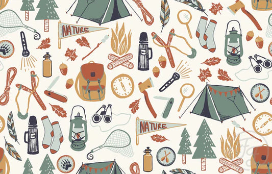 (IN STOCK) Family Fabrics | Camping Trip Mustard 116-109 | Jersey 180gsm BY THE HALF YARD