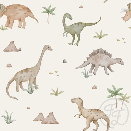 (IN STOCK) Family Fabrics | Dinosaurs Cream 111-130  (6x6" section shown) | Jersey 220gsm BY THE HALF YARD