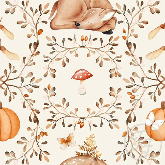 (IN STOCK) Family Fabrics | Sleeping Deer Ecru 121-157 | French Terry 230gsm BY THE HALF YARD