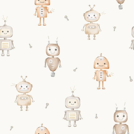 (IN STOCK) Family Fabrics | Robots Medium Offwhite | Jersey 180gsm BY THE HALF YARD