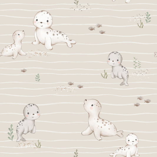 (IN STOCK) Family Fabrics | Seals Ecru Waves | Premium (pretreated) Jersey 180gsm BY THE HALF YARD