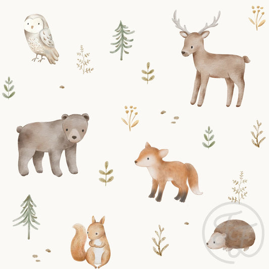 (IN STOCK) Family Fabrics | Forest Animals Pearl White | Premium (Pretreated) French Terry BY THE HALF YARD