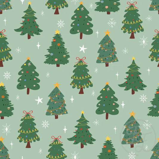 (IN STOCK) Family Fabrics | Christmas Trees in Opal 106-268 | Jersey 220gsm BY THE HALF YARD