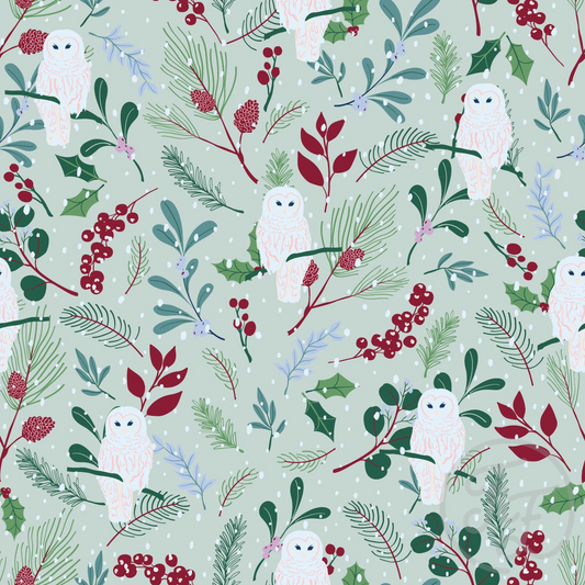 Family Fabrics | Winter Foliage & Snow Owl Sea Mist 106-340 | (by the full yard)