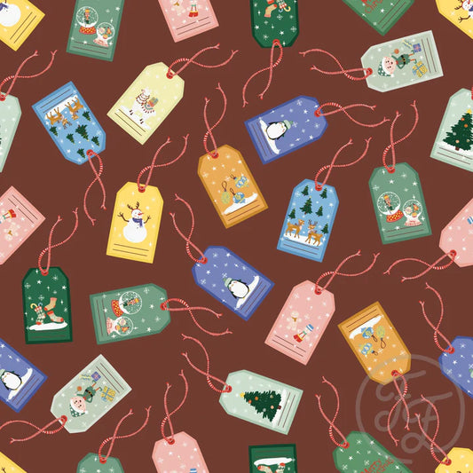 Family Fabrics | Christmas Tags Deep Coffee | 106-281 (by the full yard)