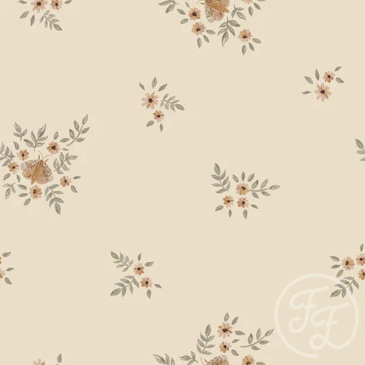 (IN STOCK) Family Fabrics | Moths in Flowers Banana 101-146 | Jersey 220gsm BY THE HALF YARD