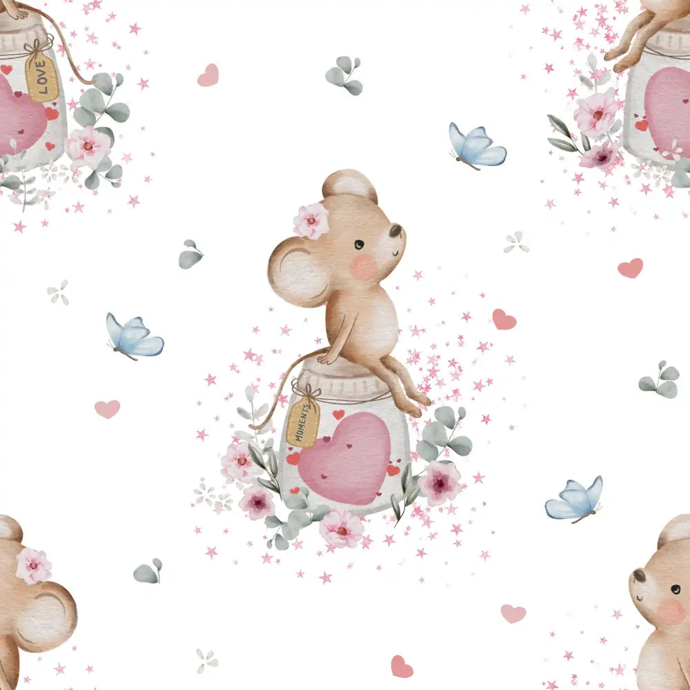 (IN STOCK) Family Fabrics | Mouse Collecting Love White | Soft Jersey 220gsm BY THE HALF YARD