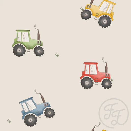 Family Fabrics | Colourful Tractor Beige (5"x5") | 111-115 (by the full yard)