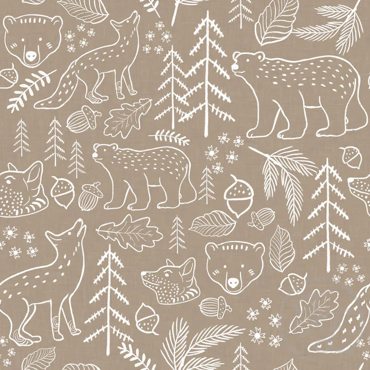 Family Fabrics | Bear Fox Doodle Taupe | 111-123 (by the full yard)