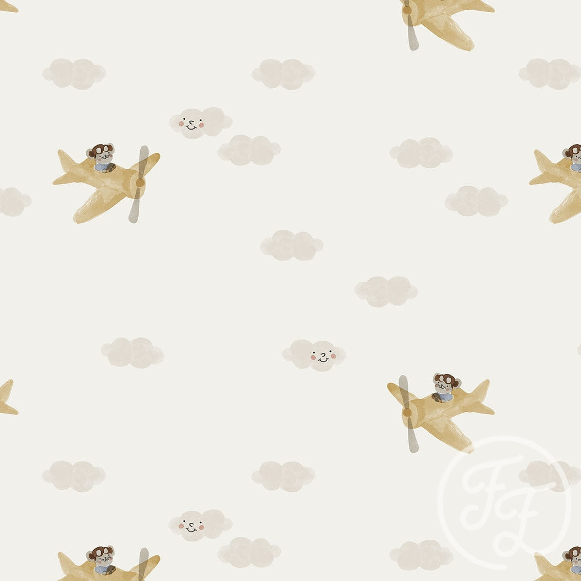 Family Fabrics | Fantasy Airplane Yellow on  Off White 100-1312 (by the full yard)