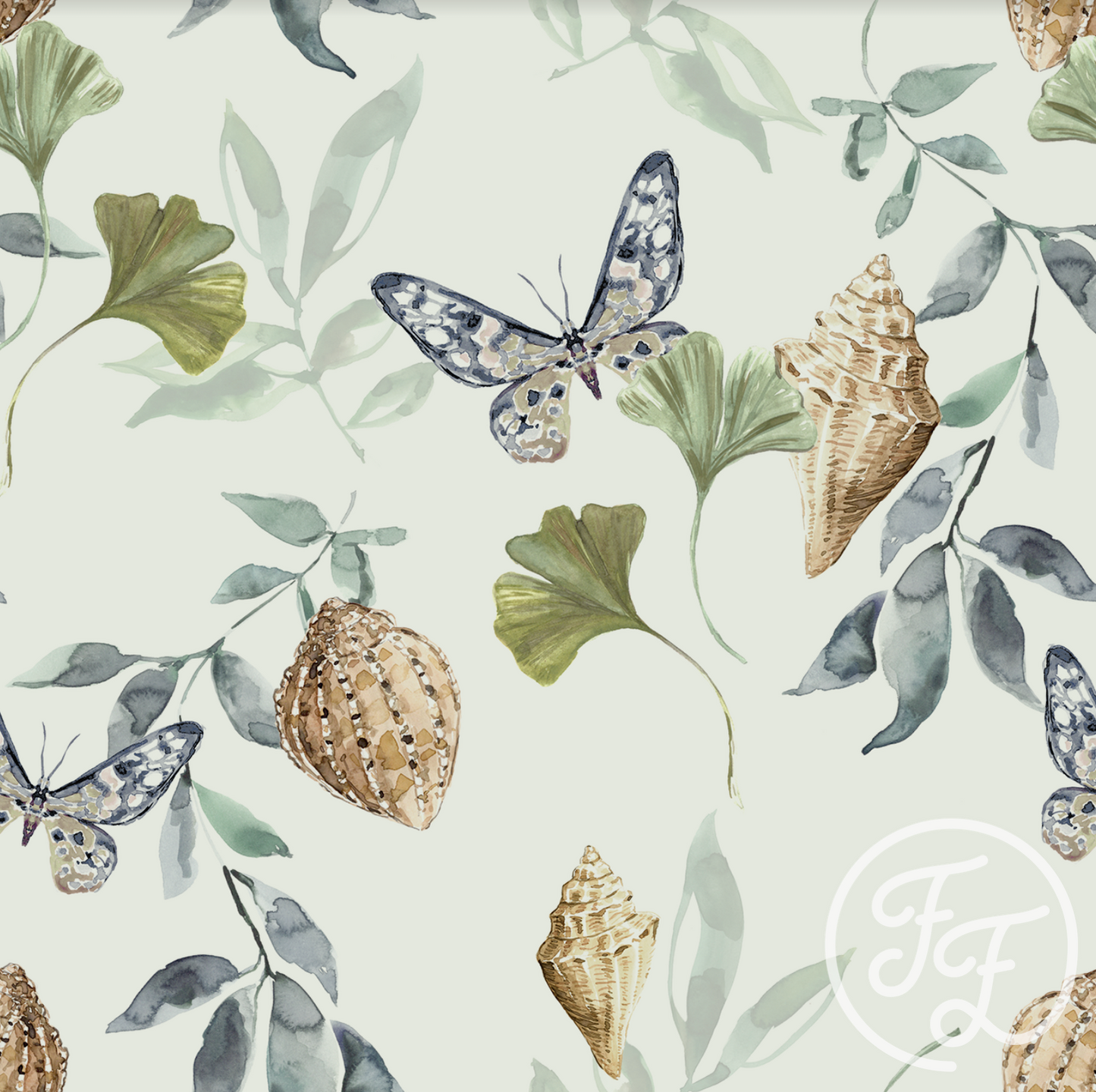 Family Fabrics | Shells & Leaves Green 100-1355 (by the full yard)