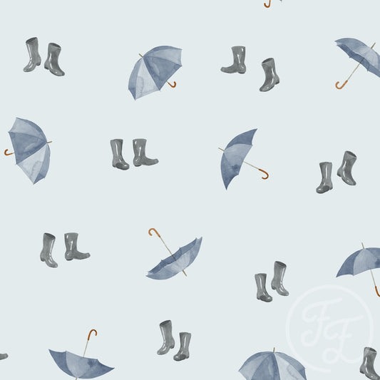 Family Fabrics | Rainboots & Umbrellas Blue 100-1395 (by the full yard)