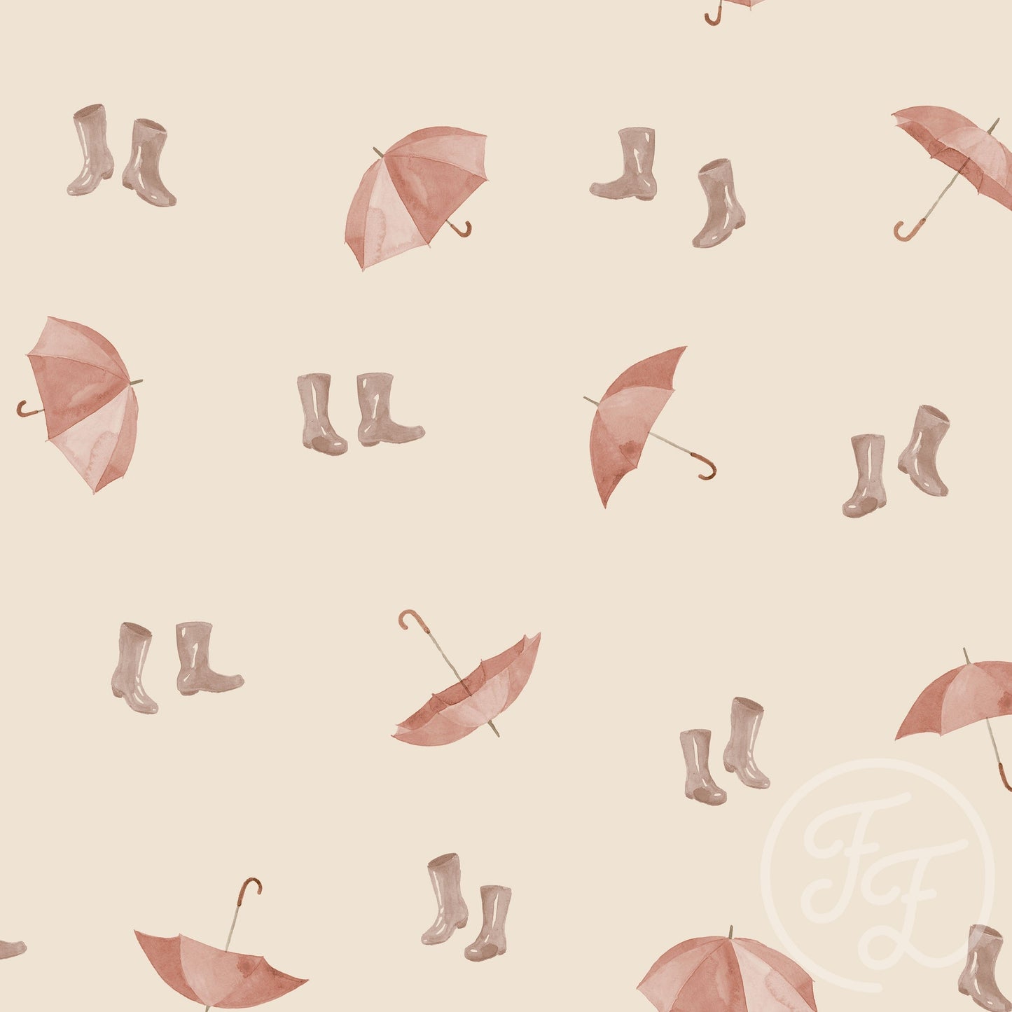 Family Fabrics | Rainboots & Umbrellas Almond 100-1426 (by the full yard)