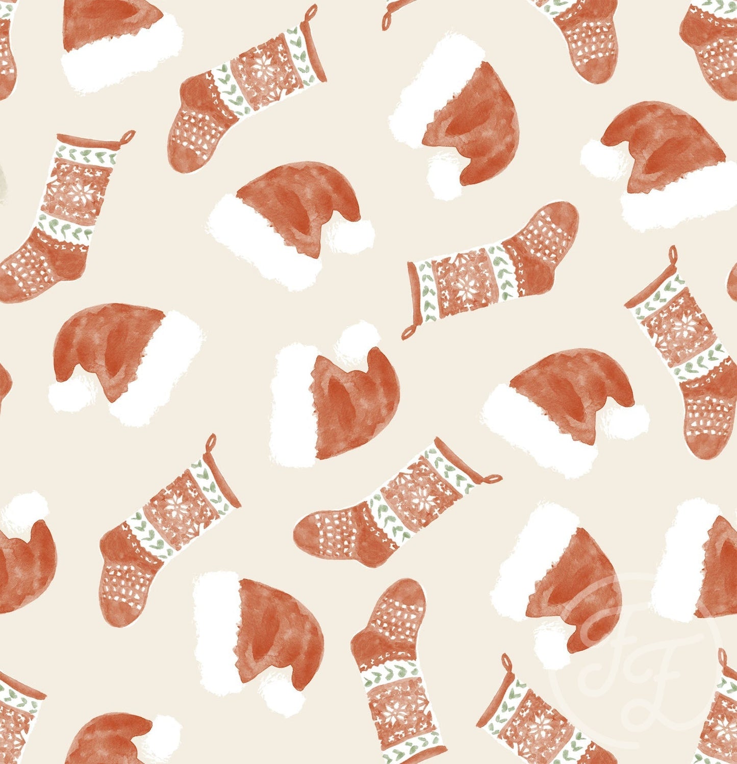 Family Fabrics | Christmas Hats & Stockings Sand 100-1442 (by the full yard)