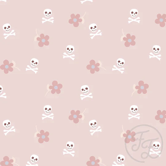Family Fabrics | Skull and Bones Flower Pink Small | 100-1762 (by the full yard)