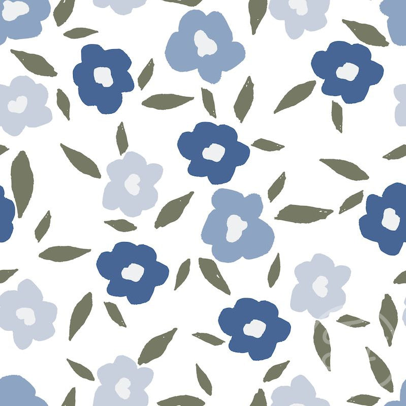 Family Fabrics | Poppy Floral Blue Off White 106-117 (by the full yard)